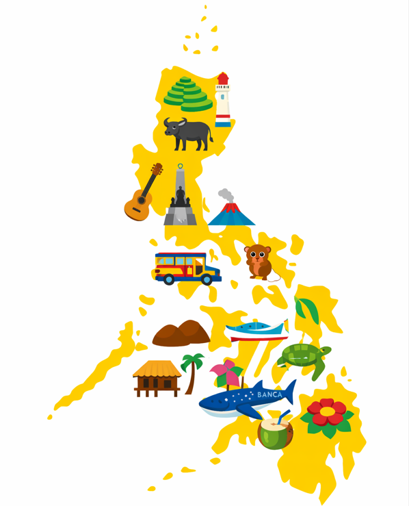 Vector map of Philippines showcasing its landmarks, animals and culture